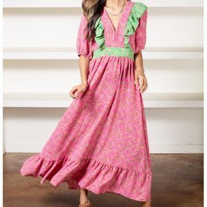 Karli Pink Green Ditsy Floral Cottagecore Dress Maxi Balloon Sleeve Med Fairy